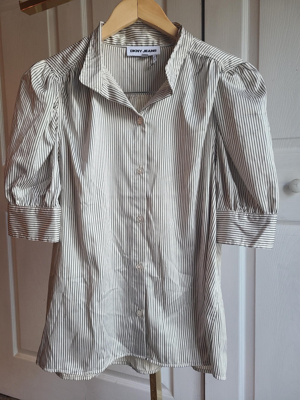 DKNY White Button-Front Shirt with Thin Black Stripes